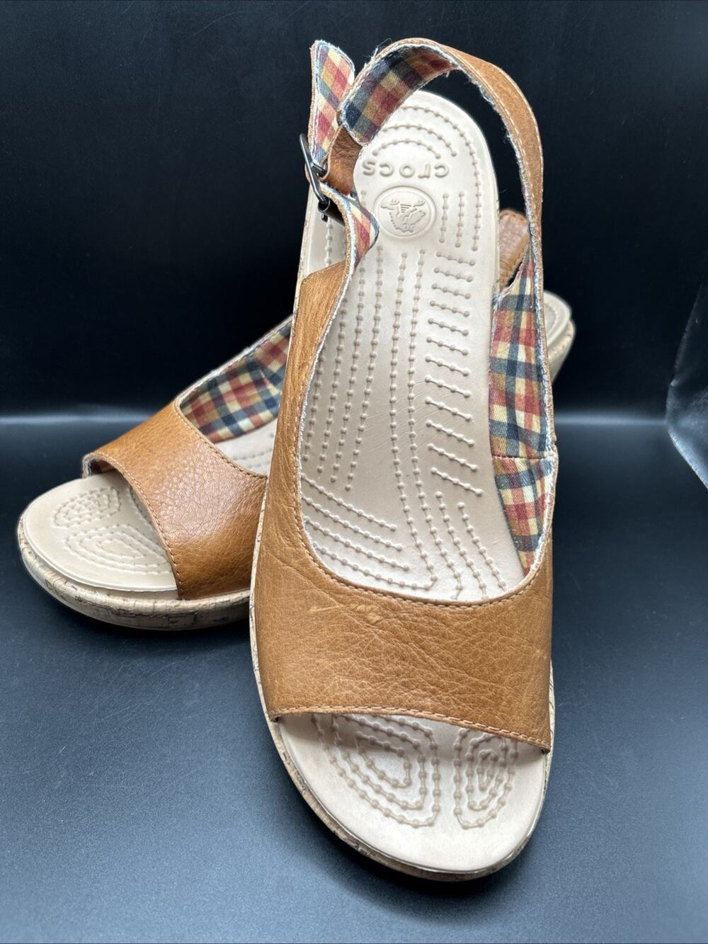 Crocs Shoe A Leigh Size 9w Brown Wedge Heel Slingback Sandal Cork Open Toe Women